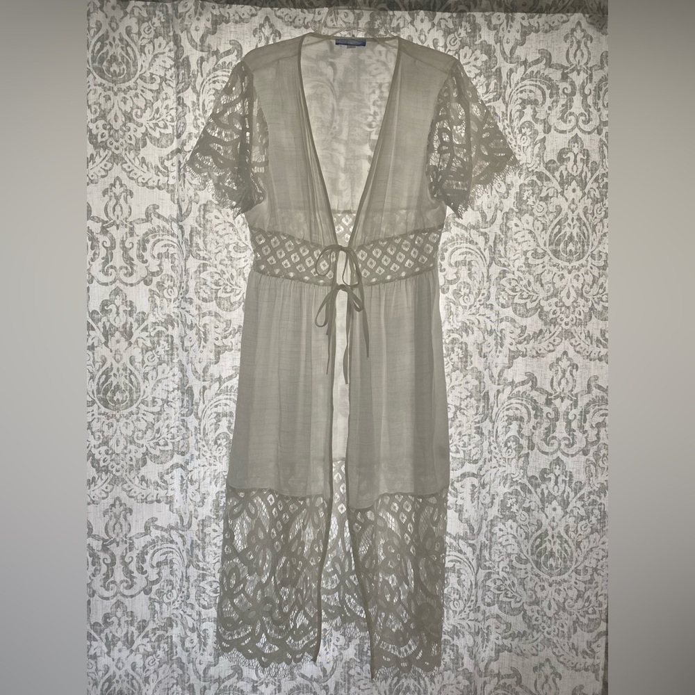 Tidal Wave Lace Trim Crochet Tie Front Boho Hippie Long Kimono Duster White L